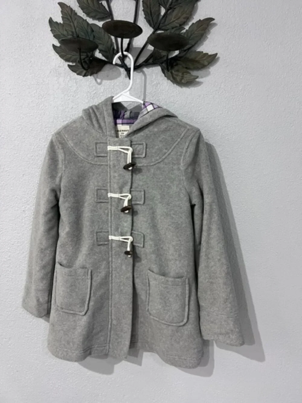 Old Navy Girls Gray Hooded Duffle Coat Toggle Button Plaid Lined Size L 10-12